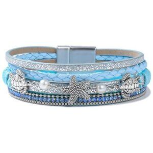 FANCY SHINY Turtle Starfish Leather Wrap Bracelet Boho Rhinestone Pearl Cuff